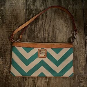Dooney & Bourke Teal and Tan Chevron Wristlet NWOT